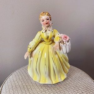 Vintage Lefton/ESD lady in yellow dress with flowers planted/vase